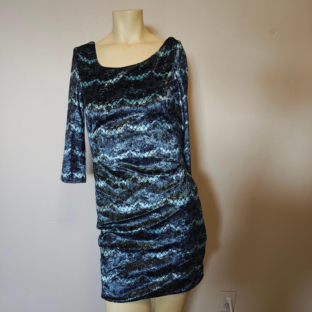 Charlotte Russe Blue Velvet Bodycon Dress Ruched Lace Print Open Back 3/4 Sleeve